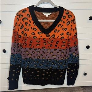 Davi & Dani Multicolor Striped Animal Print V Neck Sweater